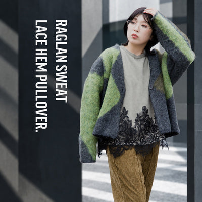 RAGLAN SWEAT LACE HEM PULLOVER.