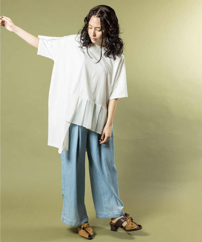 Off-White / オフホワイト | ストライプ ボーダー アシンメトリー 切替 オーバーサイズシャツ | 42 | ホワイト / ブルー | レディース オフホワイト 麻調オーバーシャツ ホワイト/イエロー/ブルー | P.S.FA
