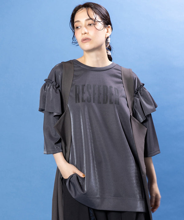 ロゴプリントショルダーフリルTシャツ