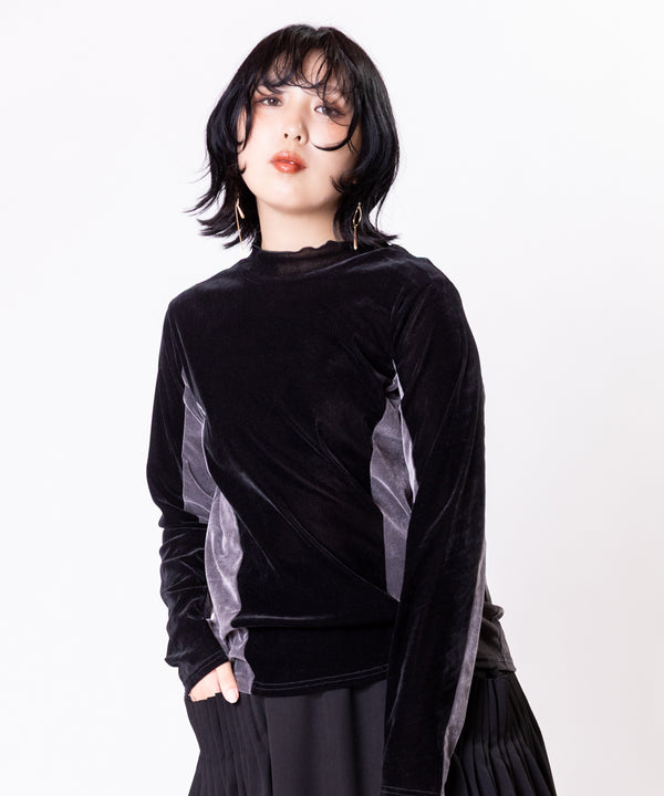 Flocked High-Neck Paneled Long-Sleeve T-Shirt