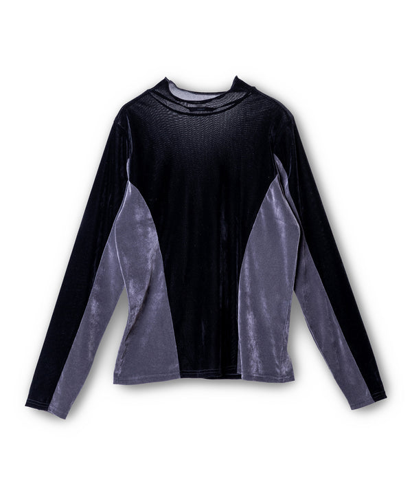 Flocked High-Neck Paneled Long-Sleeve T-Shirt