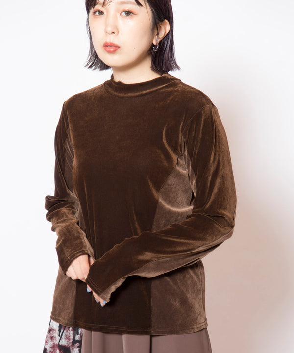 Flocked High-Neck Paneled Long-Sleeve T-Shirt