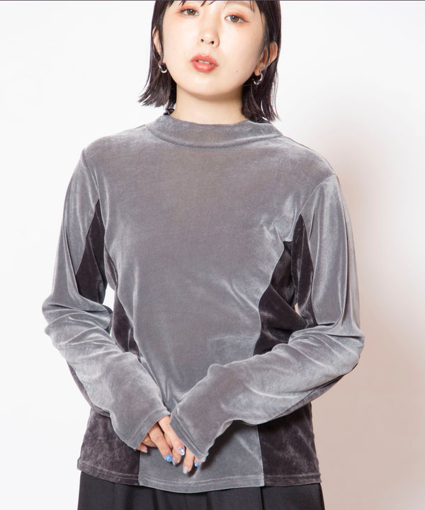 Flocked High-Neck Paneled Long-Sleeve T-Shirt