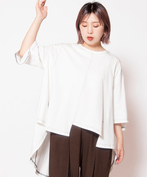 配色ステッチバックロングフレアーTシャツ