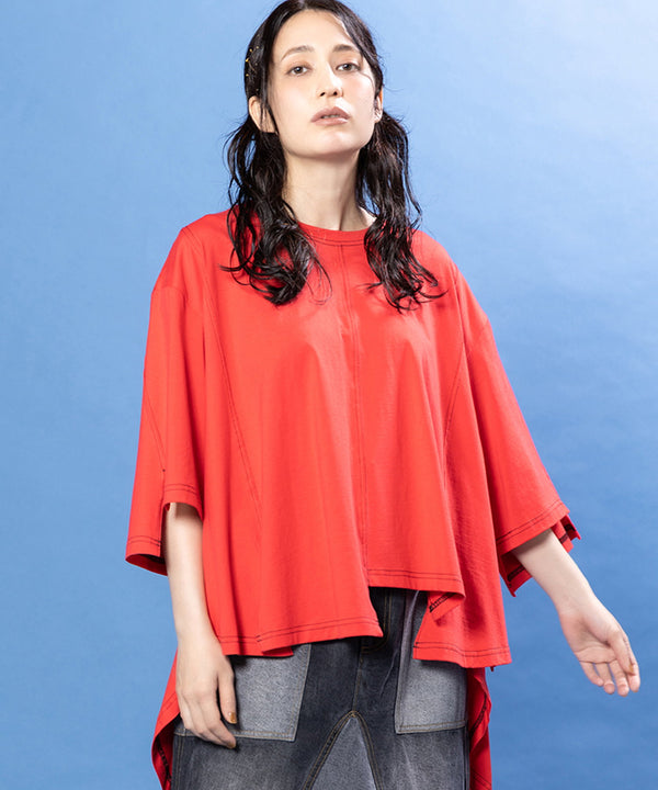 配色ステッチバックロングフレアーTシャツ