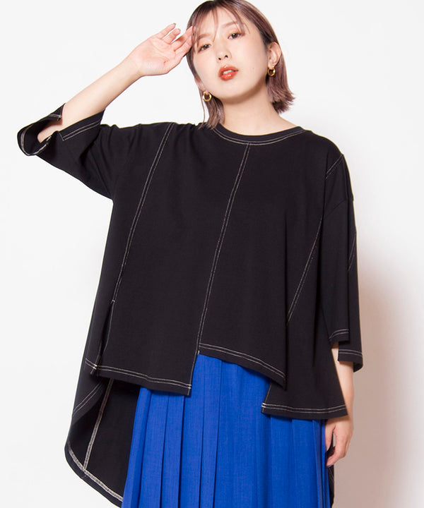配色ステッチバックロングフレアーTシャツ