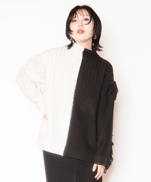 Two-tone fringe knit pullover