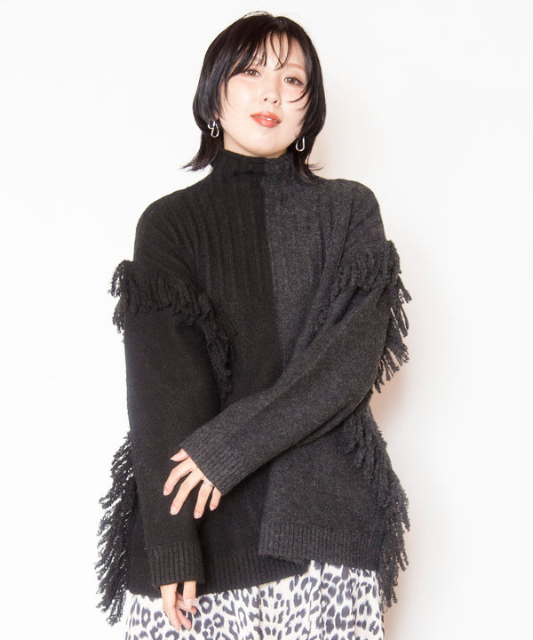 Two-tone fringe knit pullover