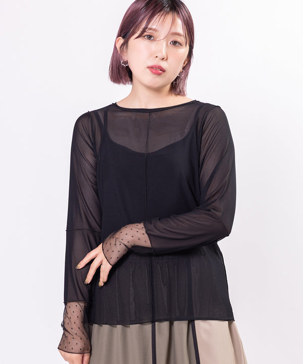 Dot Mesh Switching Mellow Long Sleeve T-Shirt