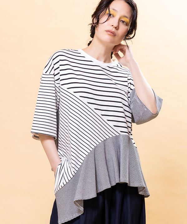 WEBSTORE Exclusive Color Available: Asymmetrical Hem T-Shirt with Contrast Fabric