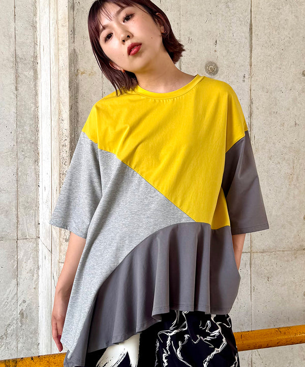 WEBSTORE Exclusive Color Available: Asymmetrical Hem T-Shirt with Contrast Fabric